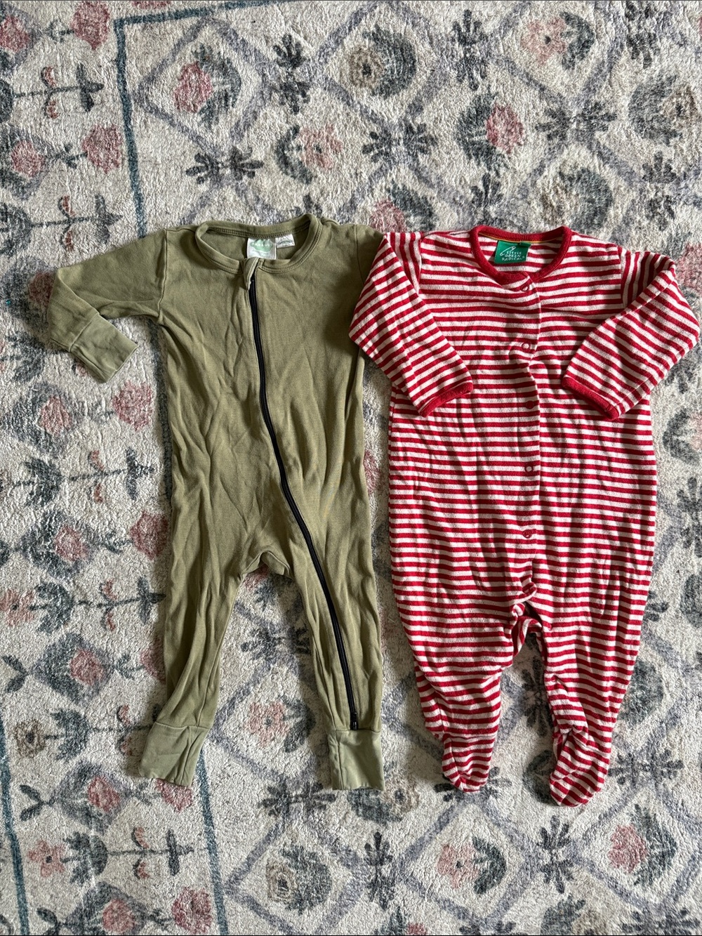 Parade Green Zip Footed One-Piece & Red Stripe Snap Footed One-Piece